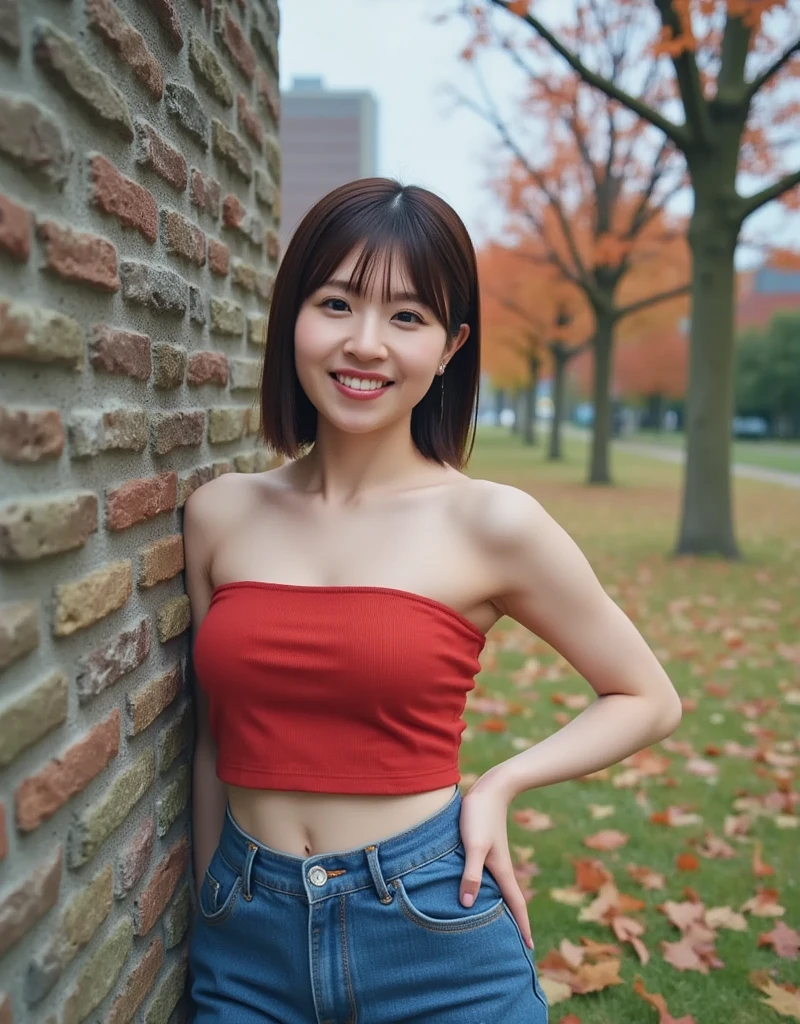 A stunning 70mm lens captures a captivating mid-height Asian woman leaning against a fence in a lush, tree-filled setting. A 25-year-old Asian woman, solo, (perfect anatomy: 1.4), (small head: 1.4), (slender body: 1.4), (thin waist, firm abs: 1.4), (thin limbs: 1.4), (very large breasts: 1.6), (cleavage: 1.7), (small hips: 1.4), with short, dark hair that accentuates her striking features. In various poses, her eyes peer through the haze, and she gazes at the viewer with a serene expression in her red tight-fitting tube top and jeans, creating a striking contrast with the serene atmosphere. The ultra-realistic image is rendered in k HDR, with exquisite skin and crystal-clear features that transport us to a world of contrast and mystery.