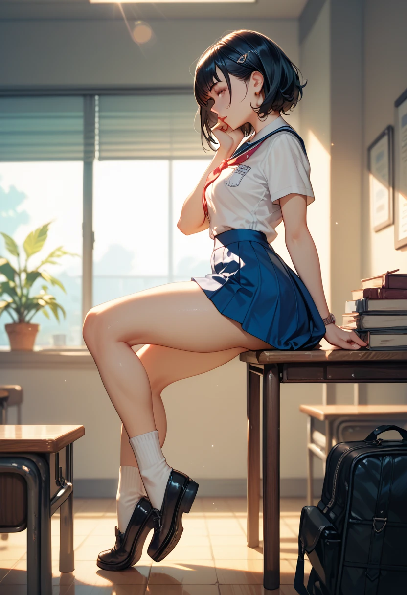 1 girl,  student costume, very short blue skirt  ,socks,  black shoes , Side view,(Push butt ),( standing reclining on table ),  illuminated by afternoon sunlight,  long black hair ,hand on chin, exposed thighs, charm and sensuality, best quality 