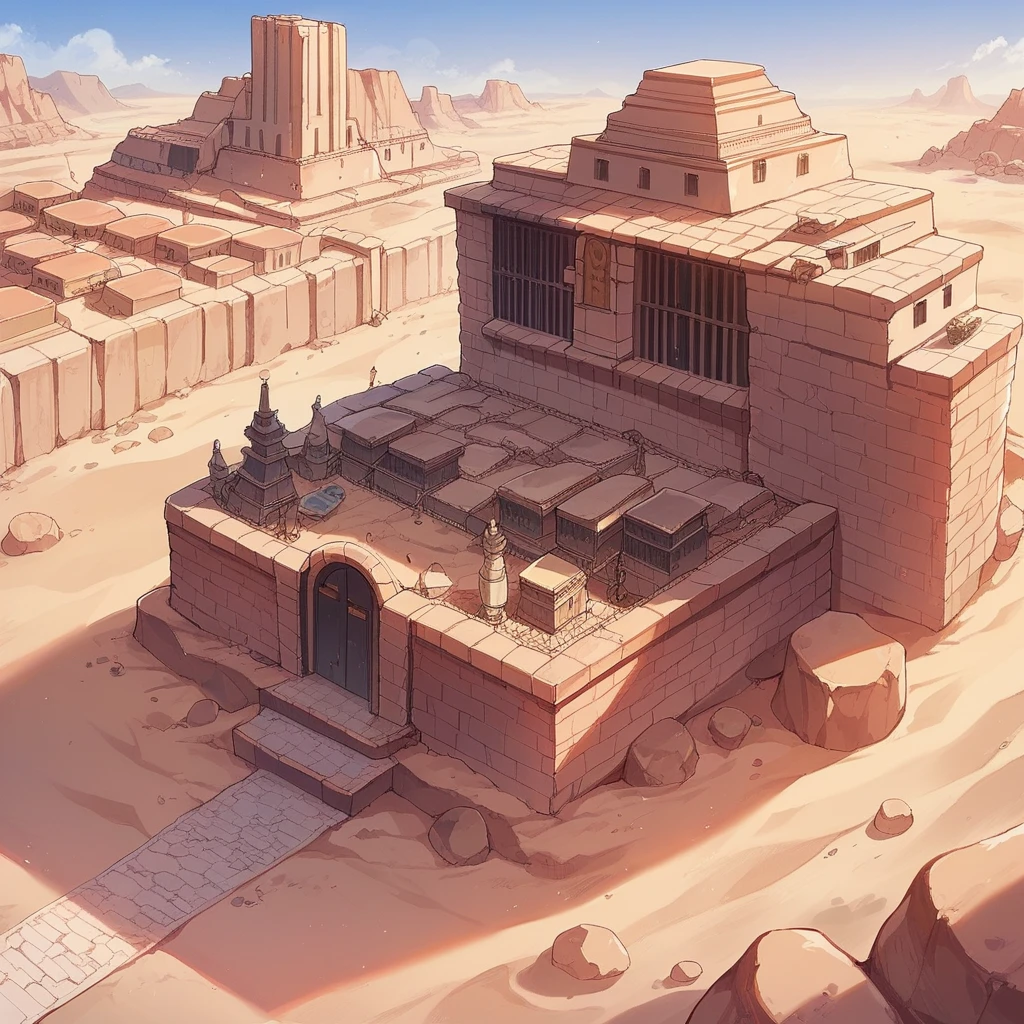 desert, A building buried in sand, stone brick, weathered buildings, The Tokyo Metropolitan Government Building Buried in Sand, A cobblestone road that has been weathered and buried in the desert, anime, UHD, anatomically correct, high details, best quality