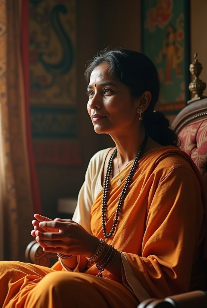 A mother wearing red saree, sitting in pooja room, midriff visible