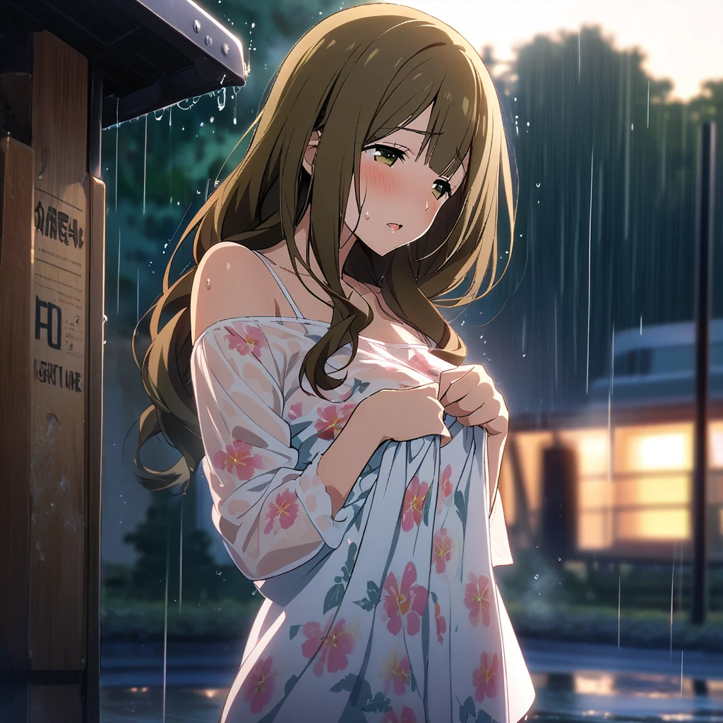 1girl, osaki_amana, shiny_colors, suggestive, seductive, (soaked, wet), sweat, ((raining)), blury background, latest, blush, sleeveless, bare shoulder, night, warm glow, outdoor, official art, nsfw, bus stop, half-closed_eyes, looking down, medium breasts, see-through, from front view, complex_background, sincos
