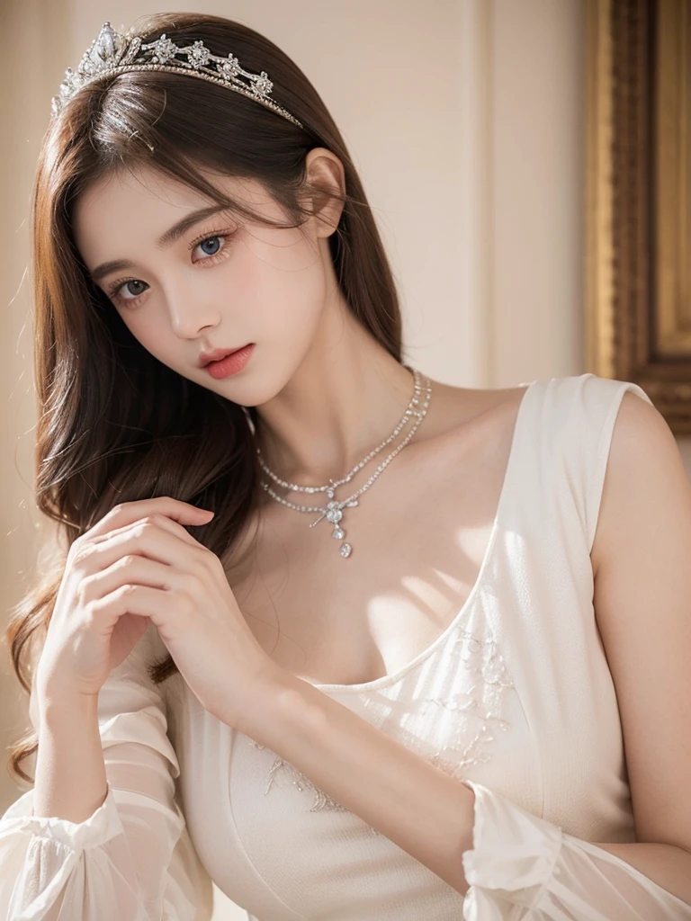 ((highest quality, 8K, masterpiece:1.3)), concentrate:1.2, perfect body beauty:1.4, buttocks:1.2, ((delicate hair)), (sweater dress:1.1) , Highly detailed face and skin texture, fine eyes, double eyelid, Whitening skin, big breasts, smile, wearing a necklace, ring, cleavage、