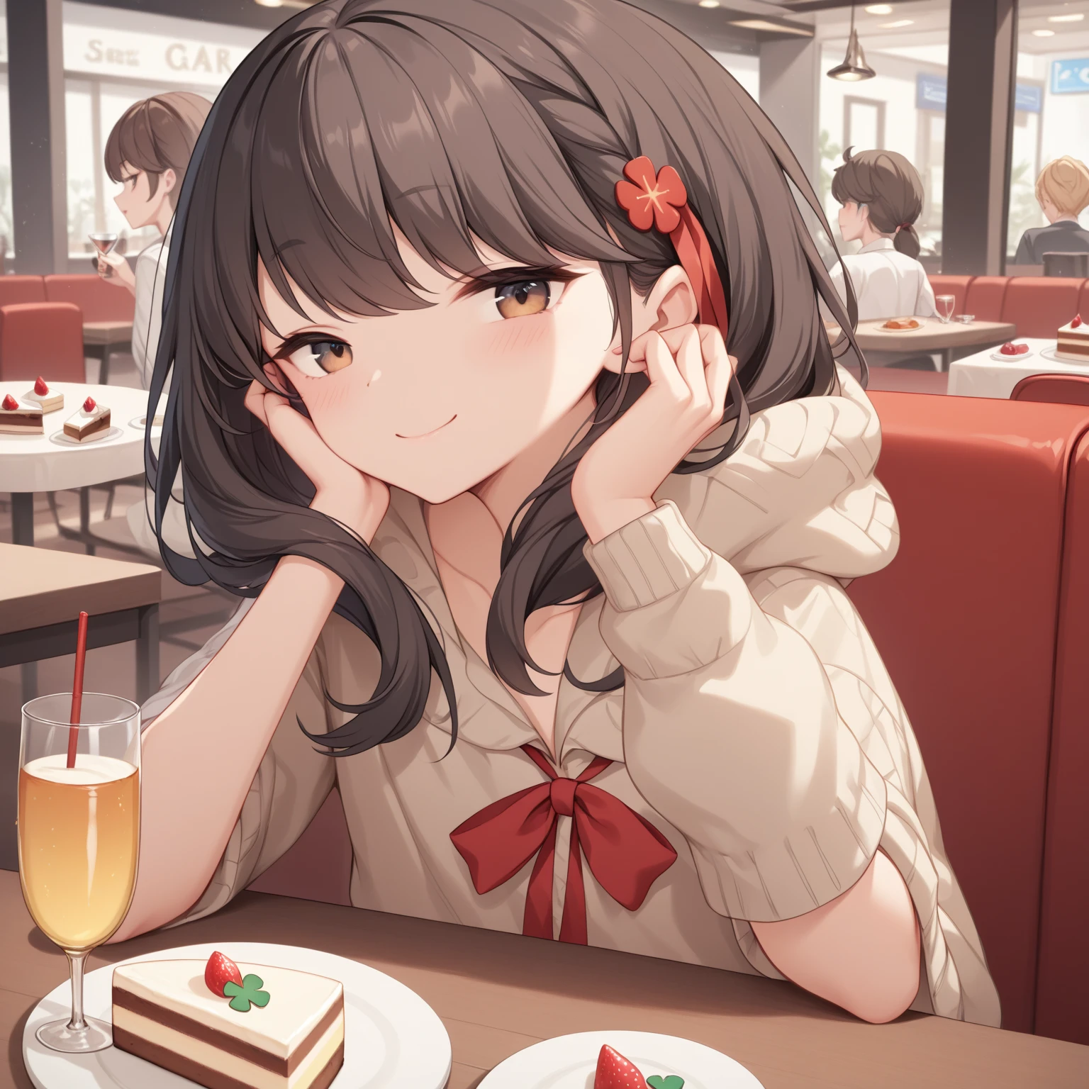  (8k), (  very detailed), (   best illustration  ), . flat chested。suit。  big red ribbon barrette。 four-leaf clover in the hair 。adult。Slightly brown black hair。Shima Rin, cake。 four-leaf clover in the hair。 medium hair。 wine glass。Being drunk。smile。adult。 casual。 Italian restaurant 。Trying to make me drink 