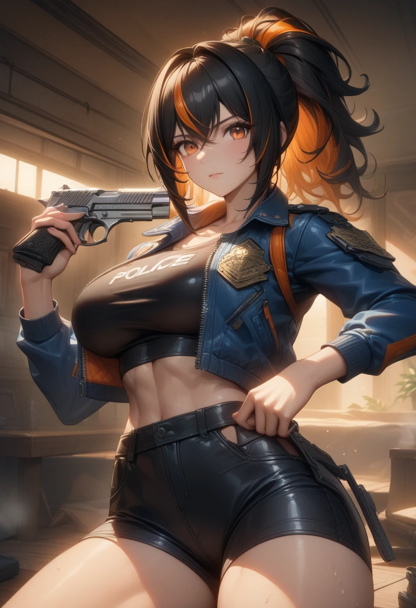 masterpiece,best quality,high resolution,8k,ultra HD,wallpaper,illustration,perfect face,cowboy shot,beautiful detailed eyes,extremely detailed face,perfect lighting,extremely detailed CG,perfect anatomy,perfect body,perfect hands,perfect fingers,1woman,full body,,muscle fighter body,(black long ponytail hair with orange mesh line hair:1.2),orange eyes,large breasts,Medium ass,,(blue open police jacket inner white shirt),black short hot pants,clothed,,collarbone,,looking at viewer,(silver desert eagle),Steam,sweat, home,(Zenless Zone Zero character Zhu Yuan),adult,bring one's desert eagle to the ready,running gun shoot,