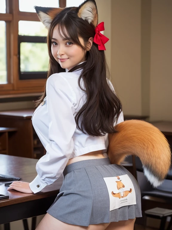 (( best quality, 8k)), ((masterpiece)), ( highest resolution),  perfect face, Woman with fox ears, Woman with a tail,  beautiful woman, She's a college student , Filmed in a classroom, Only one tail, She has thick thighs, Her big fox tail ,  her fox tail is visible , She wags her tail,  she's wearing a bow tie , She is wearing a school uniform skirt,  Big Breasts ,  big hips, There is 1 tail growing on her butt ,  her fox tail is sticking out, Her tail is fox-colored,  Sexy Face