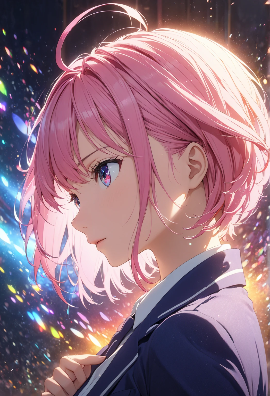 {{  Masterpiece }},  best quality,  extremely detailed CG Unity 8K wallpaper ,  movie-like lighting,  lens flare ,  beautiful details eye , Sideways glance,  colorful  light, particle, ( colorful :1.5),  ( Details of the texture of human skin with asymmetrical short hair ),    smooth pink hair, Ahoge, Gestures to fix hair  , navy blue blazer  