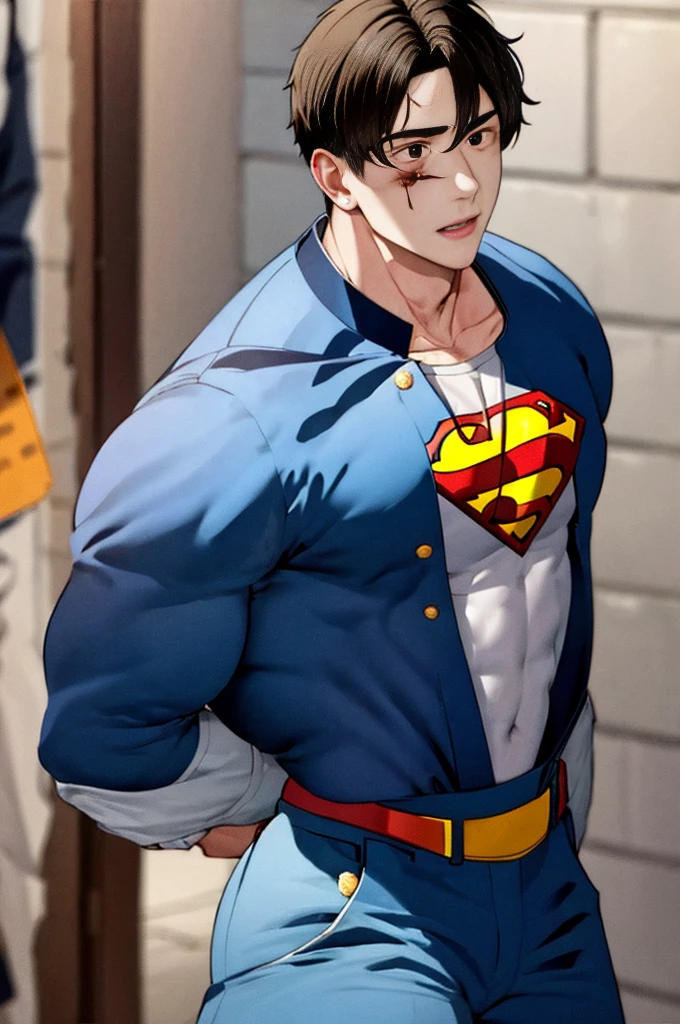 Backstreets,  Japanese beautiful young young man with a cool and handsome face 18 years old, Superman Armor , 18 years old,   thin macho, : 190cm,  long bangs ,   hair bleeding from the vagina 