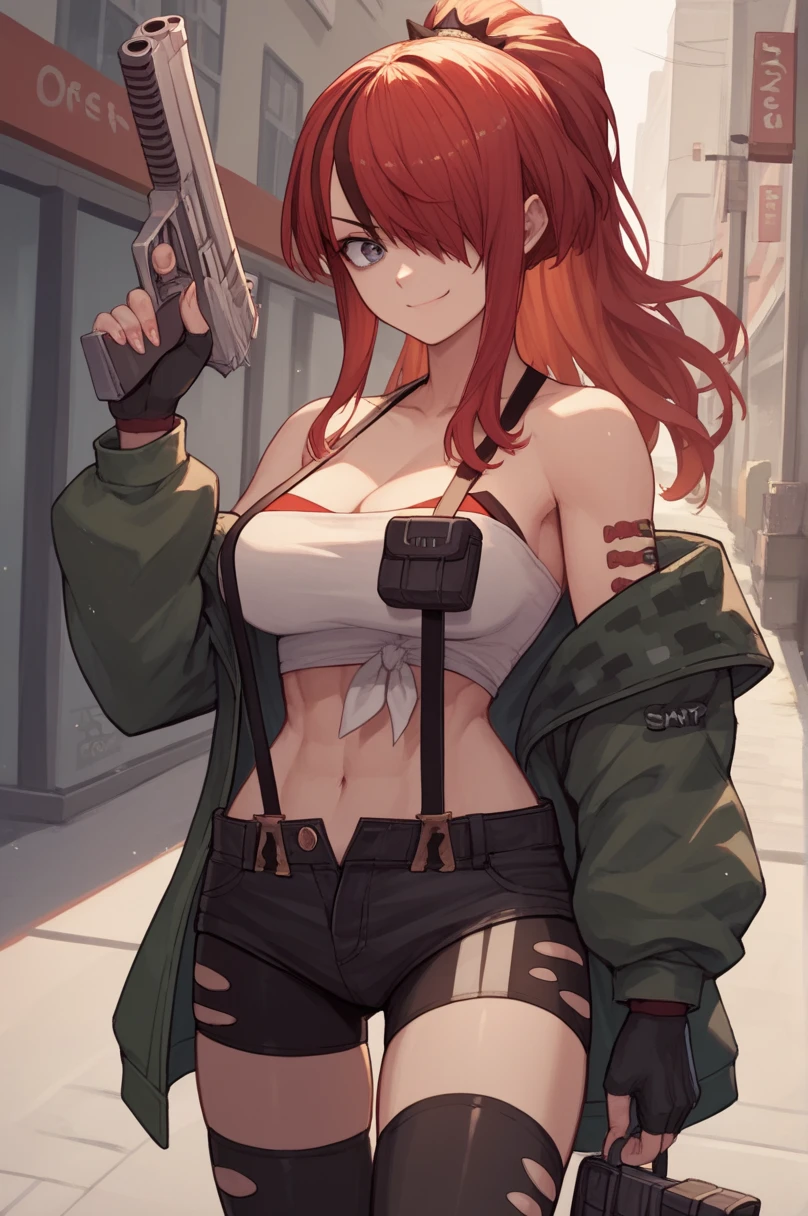 score_9, score_8_up, score_7_up, score_6_up, score_5_up, score_4_up, BREAK source_anime, lain, streaked hair, ponytail, large breasts, bare shoulders, strapless, suspenders, jacket, midriff, pouch, fingerless gloves, shorts, thigh strap, black thighhighs, serious, smile, street, holding weapon, gun