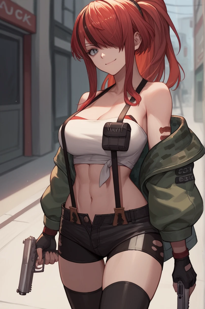 score_9, score_8_up, score_7_up, score_6_up, score_5_up, score_4_up, BREAK source_anime, lain, streaked hair, ponytail, large breasts, bare shoulders, strapless, suspenders, jacket, midriff, pouch, fingerless gloves, shorts, thigh strap, black thighhighs, serious, smile, street, holding weapon, gun