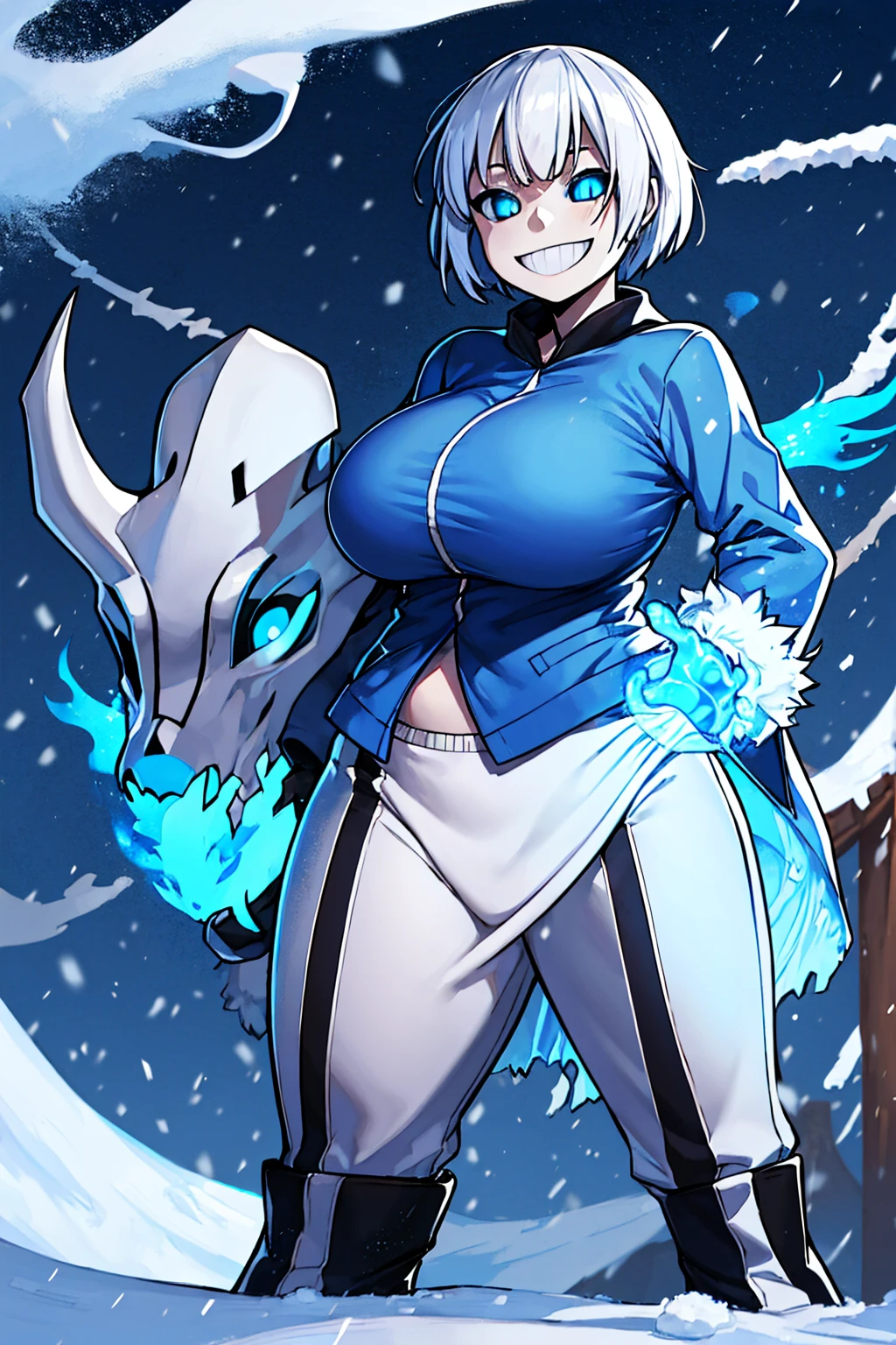 Sans blue jacket black shirt fire eyes skull smile long eyelashes white short hair glowing face blue keel cannon one standing in the snow town Femininefull Super huge breasts breast enlargement full-body shot