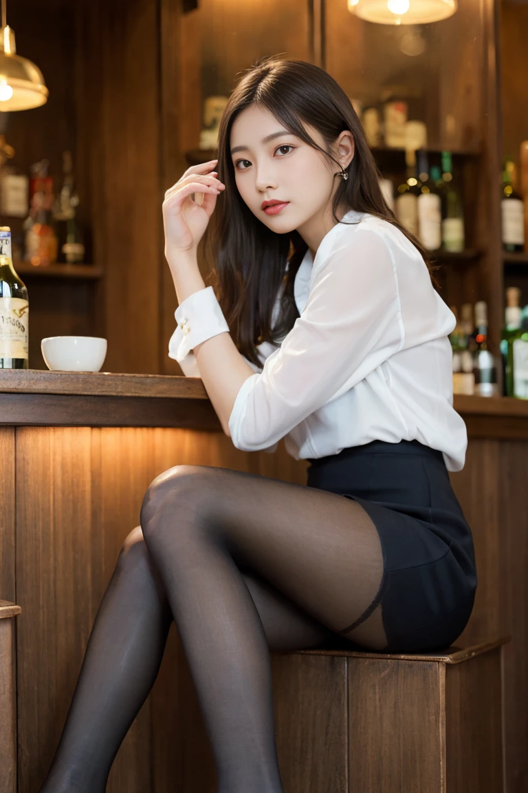 delicated,tmasterpiece,beautifuldetails,Extremely colorful,Exquisite details,Delicate lips,The details are complex,Large breasts,1人の女性,(A beautiful 20 year old cute Korean woman:1.1),(Kpop idol,Korean mixed-race),(50mm Sigma f /1.4 ZEISS lens, F1.4, 1/800s, ISO 100, photography of:1.1), (brunette color hair:1.2), (Photorealistic:1.4), (spy:1.2), (Open jacket,shirt, Skirt,tiese,black pantyhoses,christian louboutin\(brand\),:1.3),耳Nipple Ring,choker necklace,armlets,(pub,Bar:1.2),(beautifullegs,High girl,Skinny,Slim_Legs,upper legs_the gap,model:1.2),Lens flare,seen from the front,(Happy smile:1.1),dynamicposes,(putting makeup on:1.2),Leaning on the bar stool,