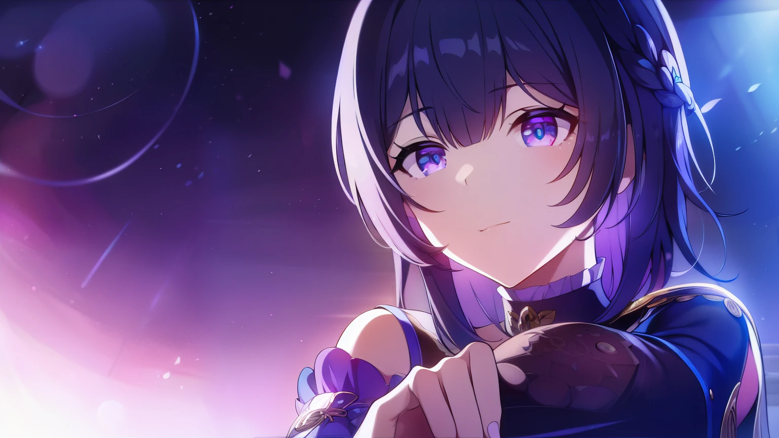 morino_kotomi, solo, black blue hair, short to medium hair, pink jacket, cerulean blue eyes, visual novel cg style, flat smiling, BREAK looking at viewer, BREAK (masterpiece:1.2), best quality, high resolution, unity' 8k wallpaper, (illustration:0.8), (beautiful detailed eyes:1.6), extremely detailed face, perfect lighting, extremely detailed CG, (perfect hands, perfect anatomy)