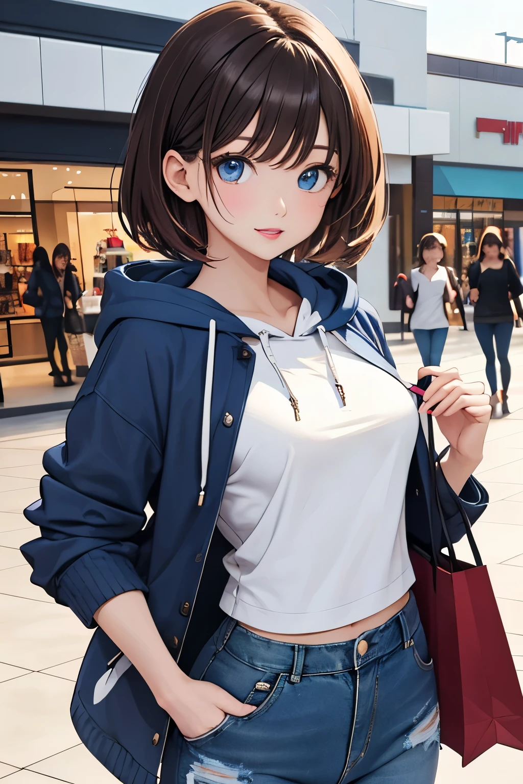 1woman、Personifying cosmetics 、 pale colored lip gloss to color cute lips、 with characters 、 vibrant lips that seem to pop 、Upper body photo、1人の30代woman、 slim figure、 small breasts、 short hairstyle 、 brown hair、 blue eyes、 white t-shirt 、maroon hoodie、 black jacket、 blue jeans、winter、 shopping mall
