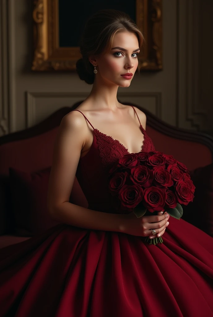 A stunning and enchanting 3D render that captures the essence of romance and elegance. A sumptuous chocolate-colored gown drapes around a 20-year-old woman, who exudes grace and poise. Her hands gently cradle a breathtaking bridal bouquet, featuring deep red roses and whimsical small hearts at the base. The bouquet is a masterpiece of artful arrangement, exuding an aura of sophistication. The background showcases the artistic styles of renowned artists Dan Mumford and Daniel Merriam, with an unparalleled attention to detail and studio-quality finish. The resulting scene is a mesmerizing blend of vibrant colors, romance, and artistic mastery, creating an unforgettable and captivating visual experience.