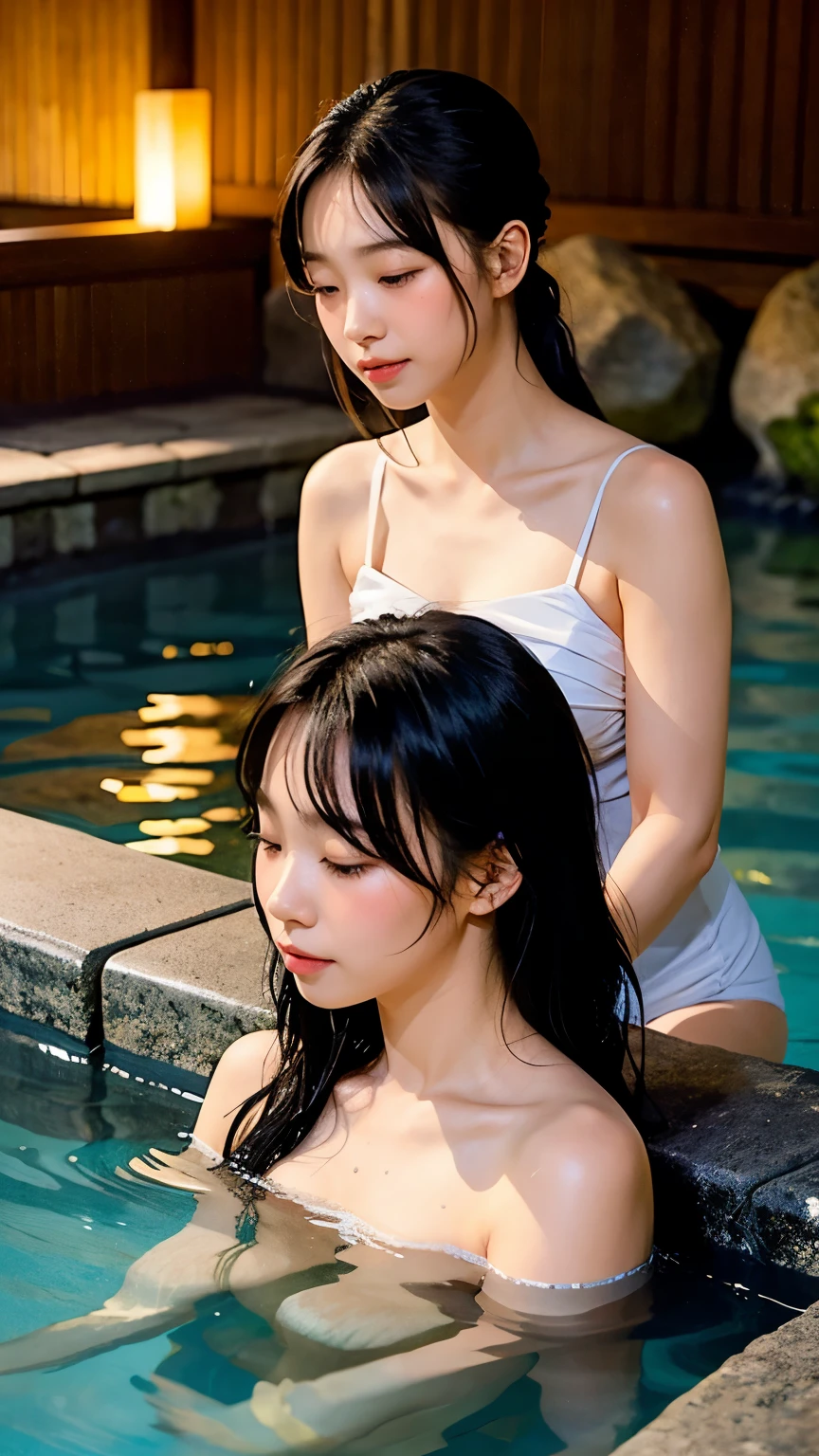 A gorgeous woman bathes in a secluded onsen under the soft glow of a full moon. The clear night sky is filled with stars, and the light reflects on the rippling water. Her hair is slightly damp, framing her face as she gazes thoughtfully at the moon. Surrounding her are natural rocks and bamboo, adding to the tranquil ambiance.