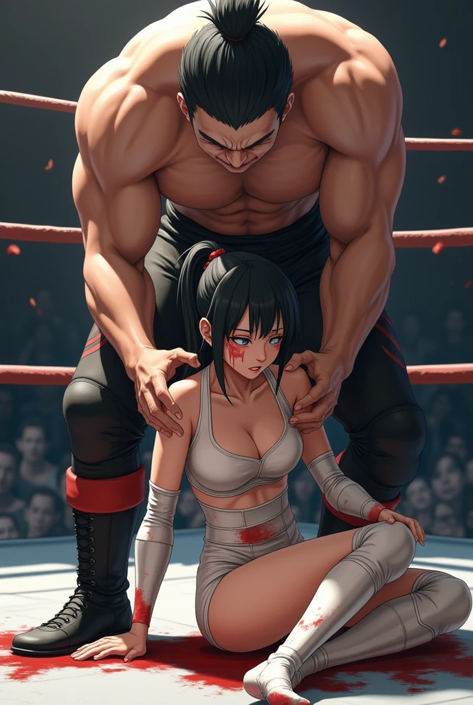((((1woman,tall stature)))and(((1shota boy,short stature)))),(height difference),((((hetero)))),(((boxing ring))),((1woman,(tall stature,curvy)),long hair, white hair,white eyes,two side up,large breasts,pale skin,shiny skin,ahegao,fucked silly,trembling,erectile nipples,((wearing Japanese kunoichi costume)),((vaginal,sex)),(upright straddle,couple,face-to-face),clothed sex,intercourse with a shota boy,(excessive cum),cum in pussy,cum on breasts,cum on body,cum on clothes,facial,bukkake,cum in mouth,cum on hair,(((1shota boy,((short stature,petite))),penis,dark-skinned shota boy,interracial,Boxing Gloves,(((masterpiece))), (((best quality))), ((ultra-detailed)), (illustration), ((an extremely delicate and beautiful)), (detailed background),