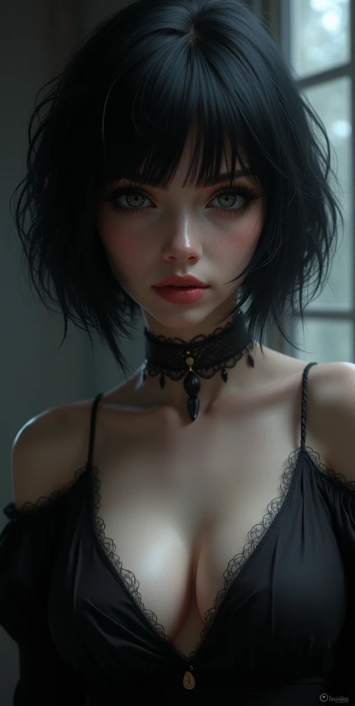 Make a potrait of a dark haired girl with medium lenght hair,green eyes,fair skin and complexion. Make her wear a dark colour corset dress.
