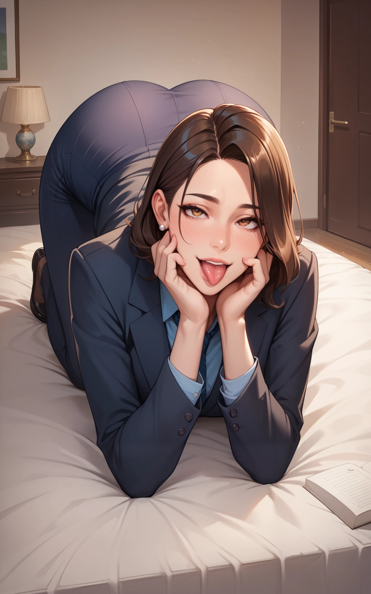 Score_9, Score_8_up, Score_7_up, Score_6_up, Score_5_up, Score_4_up, Source_anime, Tag1, Tag2, Best quality, High quality, Detailed, High resolution, 8k, Ultra high res, Soft saturation, Professional quality, Perfect contrast, Perfect litthing, Anatomically correct, Huge breasted, Wide hips, Gargantuan butt, Sensual woman, mature female, milf, motherly, Tongue out, seductive BREAK Face focus, Looking up, Top-down, Leaning forward, fully clothed