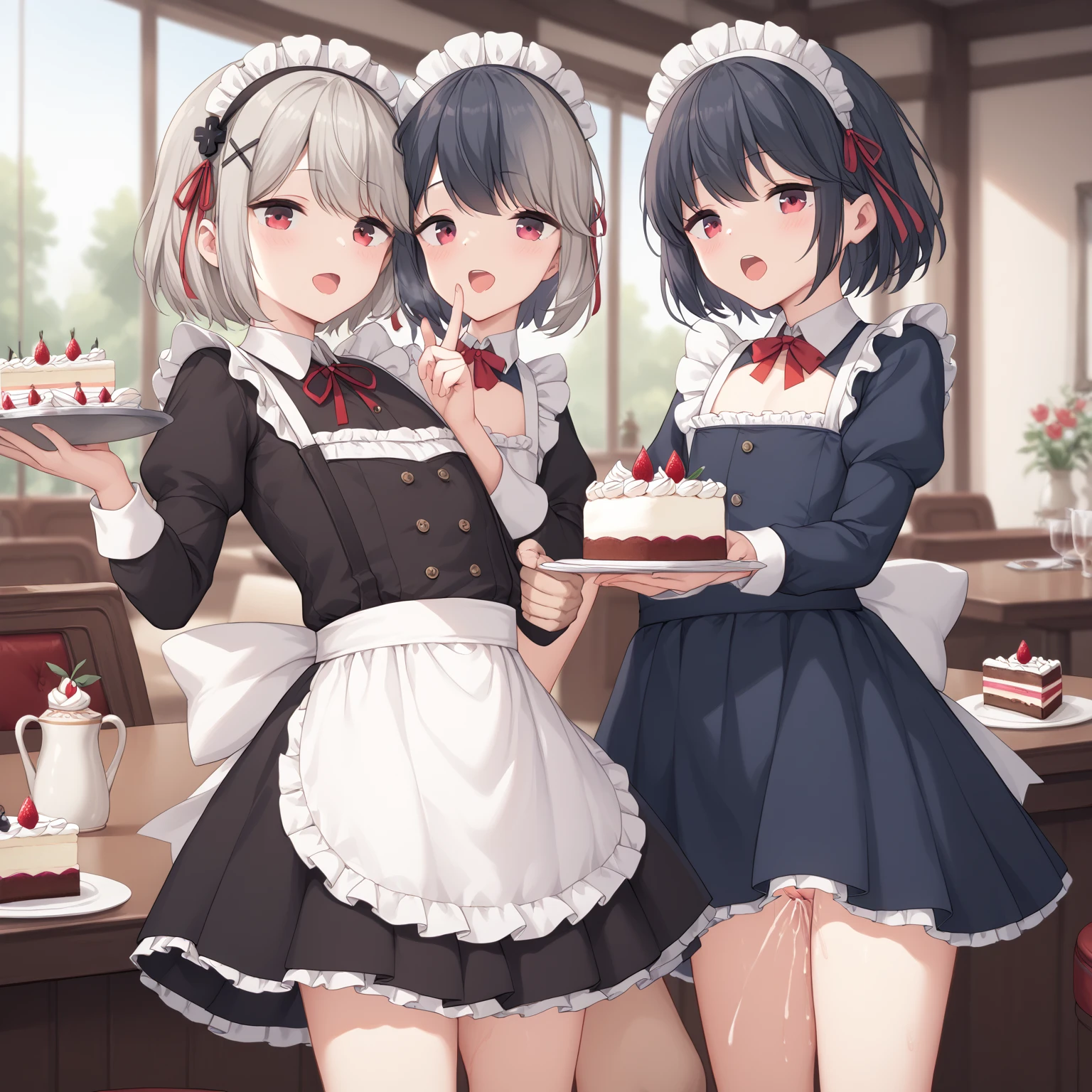  (8k), (   very detailed), (    best illustration   ), Cafe。    anatomically correct 。 two girls。  maid outfit  。.  flat chested。  short hair on the side of her uniform 。   big red ribbon barrette。 four-leaf clover in the hair 。adult。  black hair。Island Rin,Bring me a cake  、 Flip the skirt and insert your finger。Vaginal。