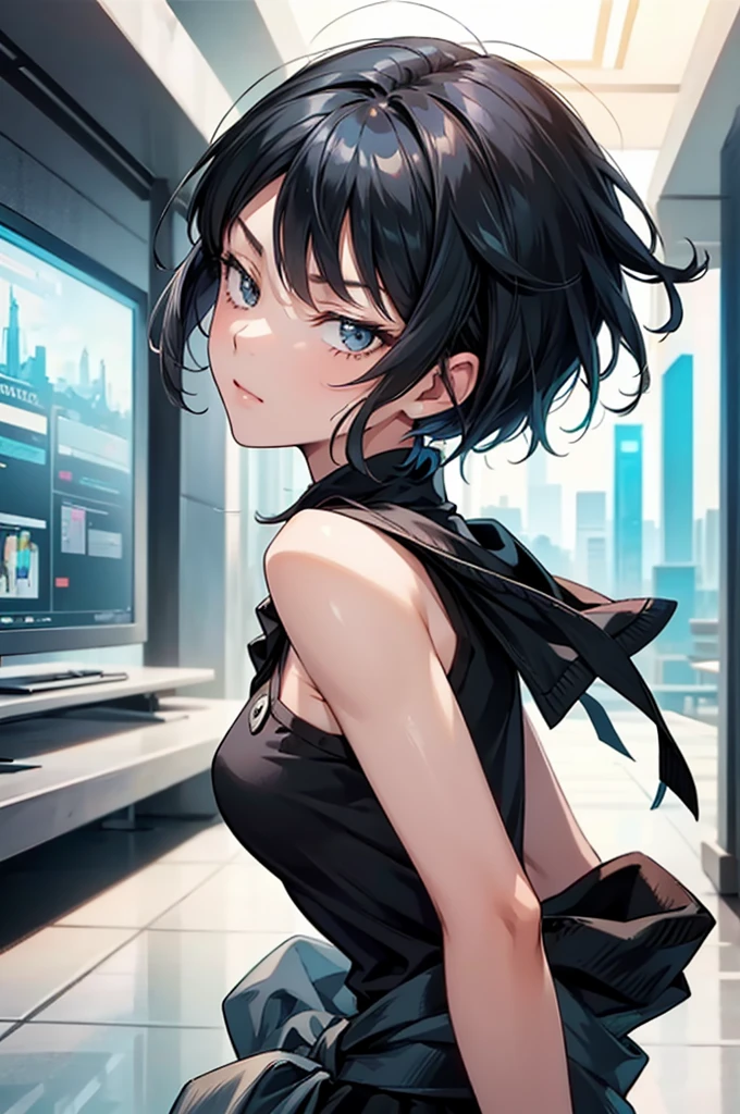 there is a picture of a male with female type hair like hair, solo, 1girl, black hair, looking at viewer, upper body, short hair, sleeveless, bare shoulders, from side