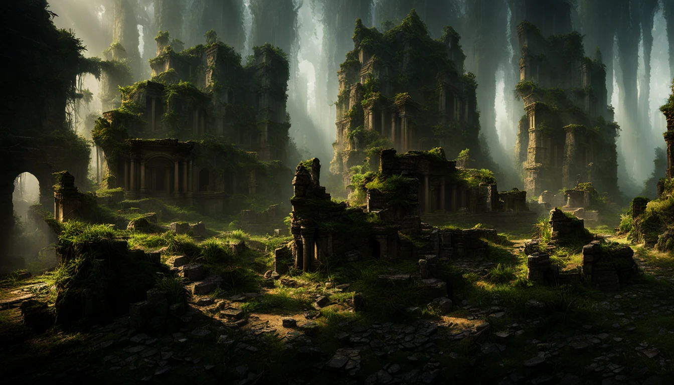 (((detailed ruined ancient city))),ravaged by time, dramatic lighting, overgrown vegetation, ruined architecture, detailed stone textures, sunlight filtering through ruins, atmospheric fog, detailed eroded stone, intricate carved details, dramatic shadows, sense of history and decay, cinematic composition, rich color palette, moody and enigmatic.