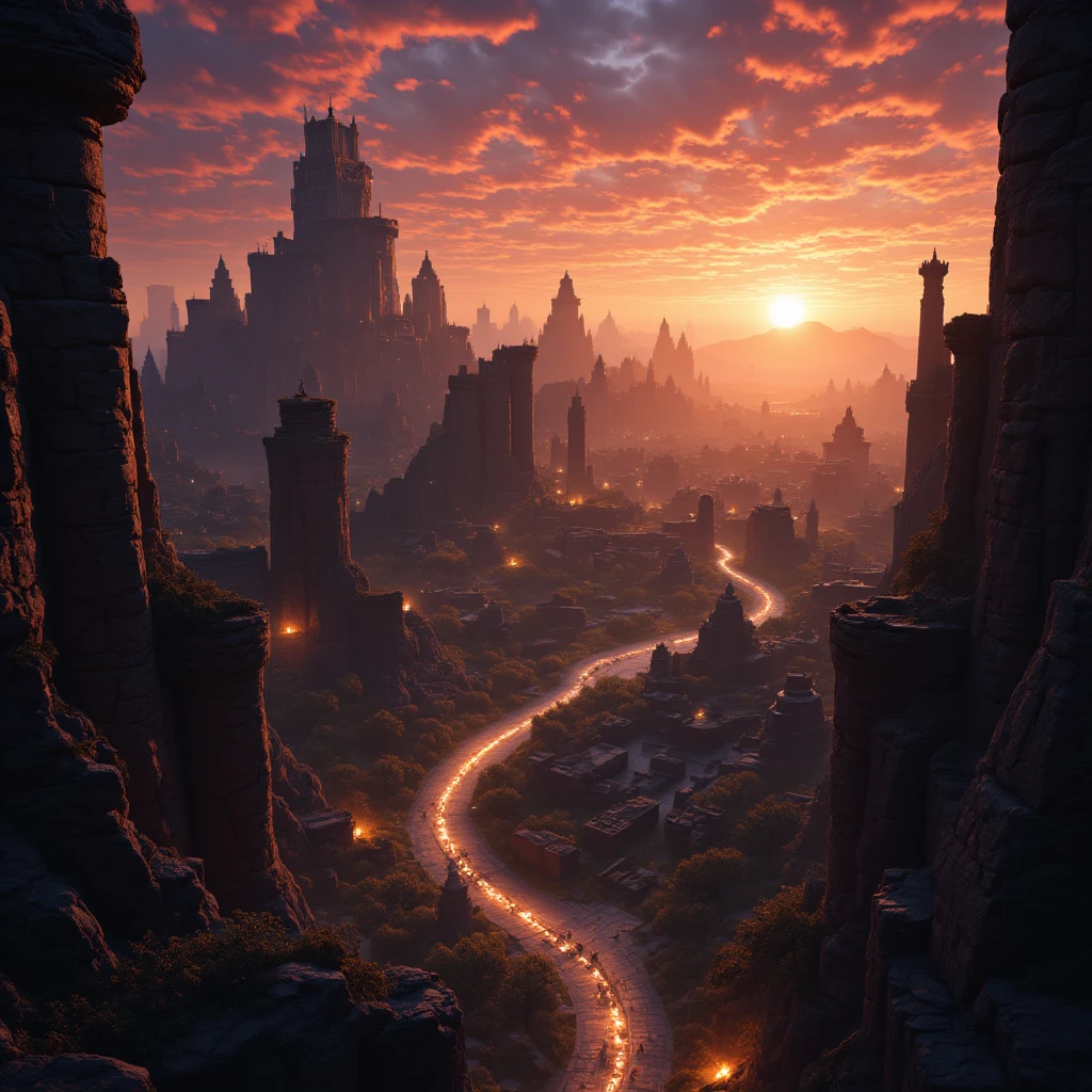 Envision the climax of an epic adventure set amidst the ruins of an ancient city, captured from a breathtaking aerial angle. The stone structures rise majestically, their dilapidated grandeur telling stories of old glory and forgotten civilizations. Scores of torches create a dazzling pathway of light, casting a spellbinding glow across the ruins. A fantastical sunset paints the sky with dramatic flair, the vivid explosion of colors echoing the intensity of a cinematic moment. The scene should be brimming with excitement, poised as if a pivotal storyline of a mythical saga will unfold. Focus on dramatic lighting, shadows that enhance the mystery, and architectural silhouettes that loom like guardians of history. The composition should be imbued with tension and wonder, offering a snapshot of a world teetering on the brink of revelation