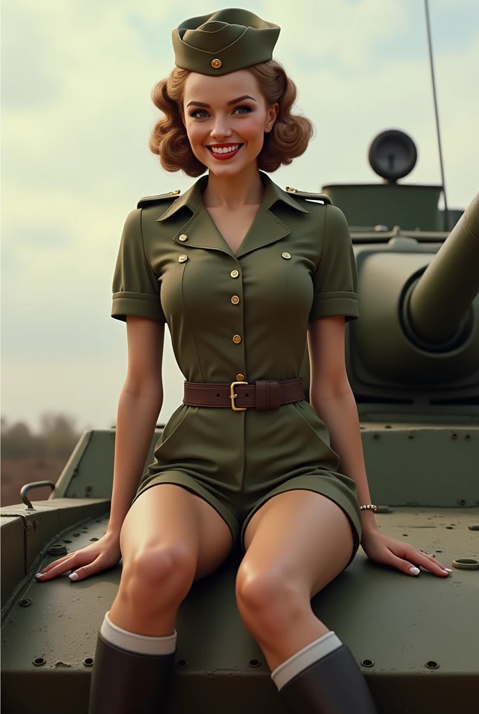 full-body portrait of a young 25 year old beautiful curvy female, smiling slightly, high cheekbones, Caucasian and Spanish mixed race,  copper red 1920's bob cut, realistic skin texture,  highly detailed, wearing tight green military tactical outfit, leaning against a military vehicle in the countryside, in early evening, some fire in the background