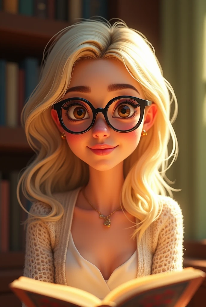 Une femme cheveux blonds décolorés jusqu'au épaules. Ses yeux sont marrons foncé et ses sourcils sont noirs, grandes lunettes de vue, fine monture. elle est élégante, souriante,  elle est chrétienne et passionnée par la lecture.

#personnage #pixar