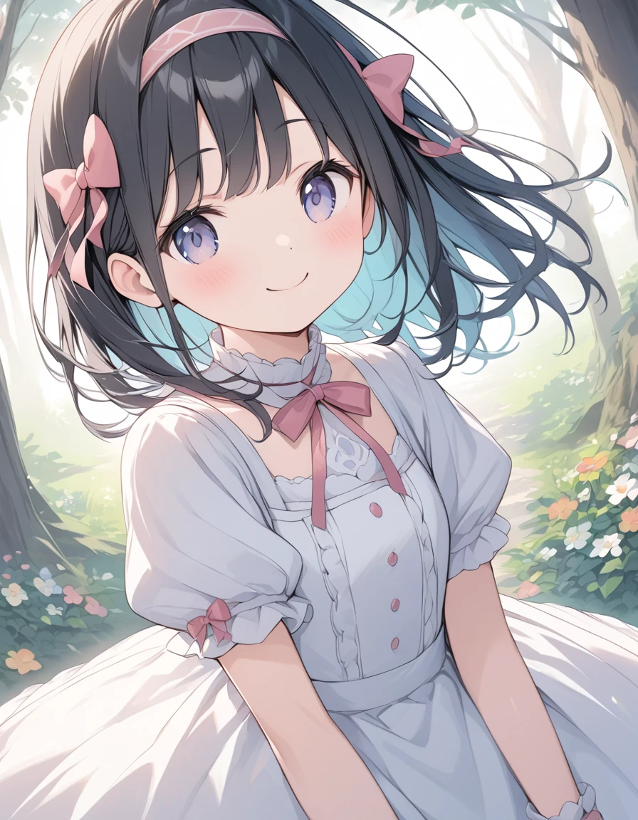  Pastel Art 、Thin line drawing、color、 Poster Designs 、 cute girl、 smug face after climax、A look with sex appeal、 black hair、Cute Hairbands、Refined creations、cute old fashioned dress、In the forest、Find beautiful flowers