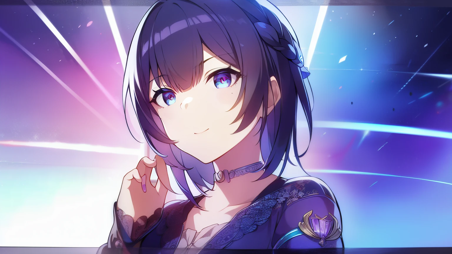 morino_kotomi, solo, black blue hair, short to medium hair, pink jacket, cerulean blue eyes, visual novel cg style, flat smiling, BREAK looking at viewer, BREAK (masterpiece:1.2), best quality, high resolution, unity' 8k wallpaper, (illustration:0.8), (beautiful detailed eyes:1.6), extremely detailed face, perfect lighting, extremely detailed CG, (perfect hands, perfect anatomy)