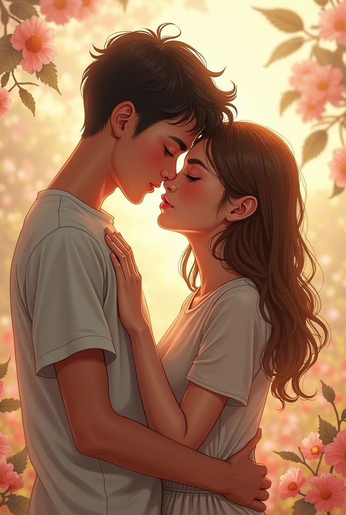 A boy and a very beautiful girl with cute face ....a boy is hugging his beautiful girlfriend and also kissing her lips by his lip deeply where both are immersed in a state of deep and divine love and romance ( the girl is wearing yellow top and blue jeans )