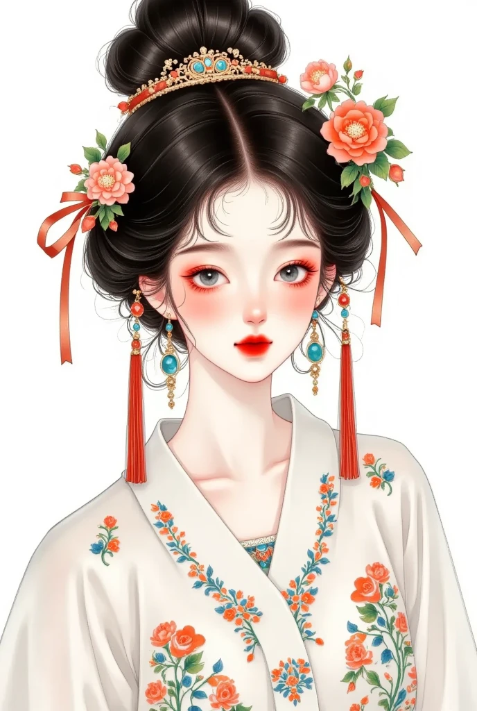 1 Girl,bead,black eyes, dark haired,, Chinese Clothes ,Shut up,skirt,earrings,gem,Jewelry,Lips,Lipstick,Long sleeve, View Audience,cosmetic,red Lips, Smile, unique ,tassel, upper body