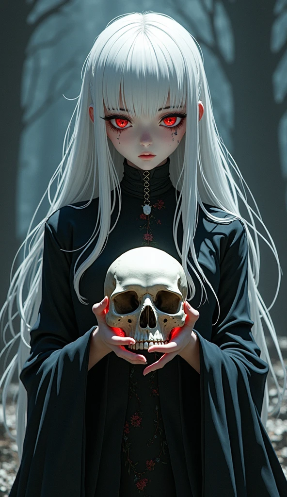 (masterpiece),(best quality:1.1),(ultra-detailed),best illustration,finely detail,(watercolor drawings：1.2),(hand-painted：1.2),light colors,low contras,bust body,(Portrait),(extremely close-up),little White Bone Demon,(a little girl hold a skull in her hand:1.3),(red threads crisscrossed the space behind her:1.1),cute,(evil),big red eyes,Beep lips,(inely detailed beautiful eyes),(hands hidden in the sleeves),silver fluttering hair,(Watercolor brush hair),(white dress with lycoris radiatas patterns),中国传统服饰，(red lycoris radiatas:1.1),white skulls,red threads,彼岸花,(detailed background:1.2),(colored background:1.1), High Resolution
