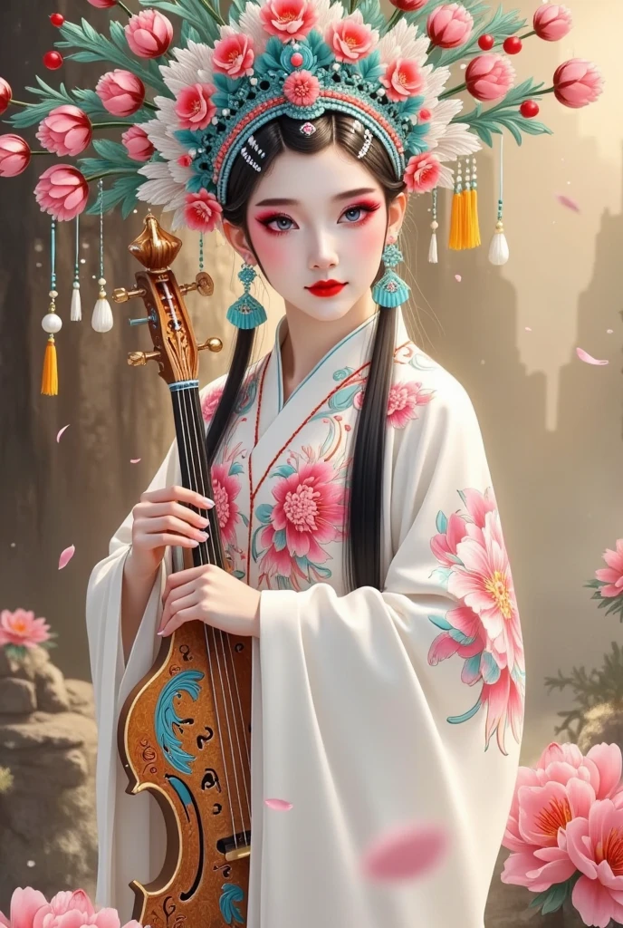 chinese woman wearing ancient chinese costume, playing guzeng, dynamic pose, intricate composition, fantasy art style, masterpiece