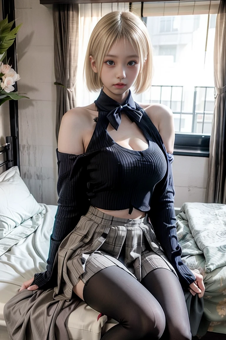  Japanese、Model、Big Breasts、Blonde、 school uniform、tights、 shows shoulders、 cleavage visible、 belly button visible 、 bed、 sitting