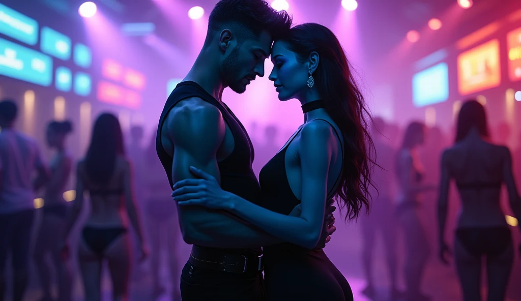 Sexy, stunning, girl lifting a man cradled in her strong arms. She is standing confidently in a night club wearing an elegant dress.