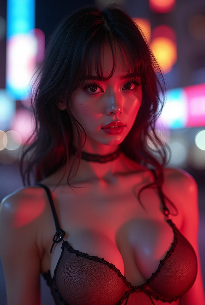 a sexy asian woman with transparent bra in cyberpunk style 