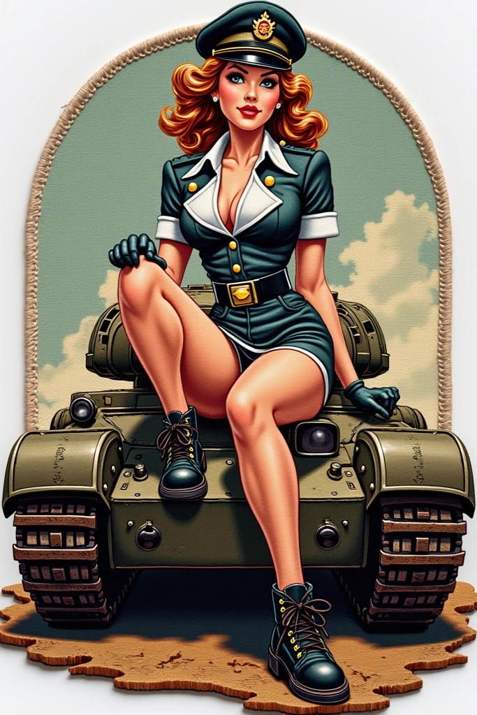 Military patch with a pin up from the 50s dressed as a soldier sitting on a tank