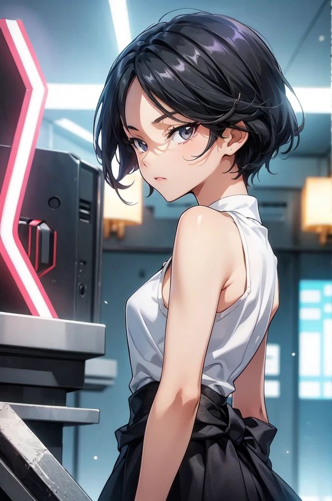 there is a picture of a male with female type hair like hair, solo, 1girl, black hair, looking at viewer, upper body, short hair, sleeveless, bare shoulders, from side