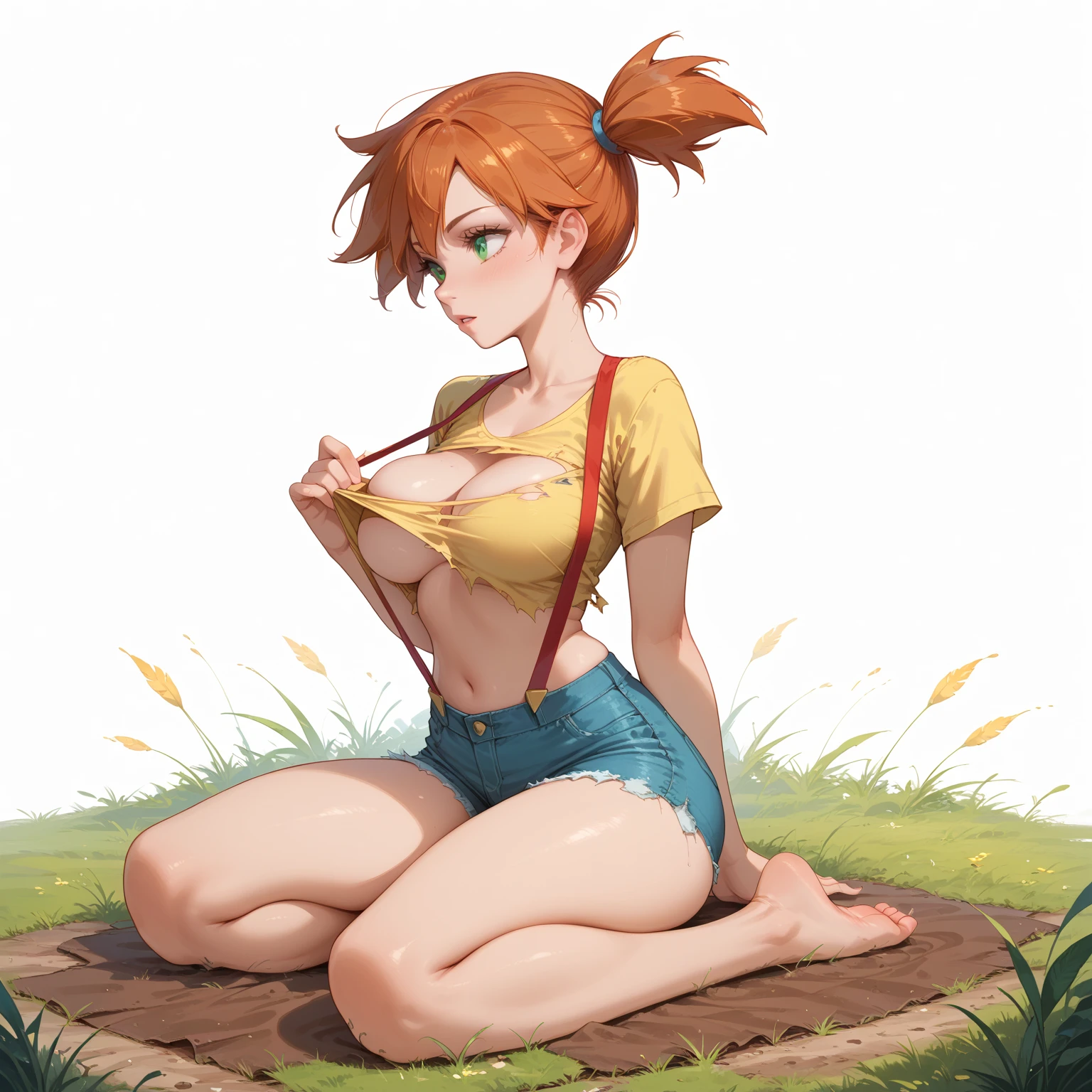 score_9, score_8_up, score_7_up, 1girl, (full body:1.2), (solo), 

misty_(pokemon), pokemon, 1girl, orange_hair, green_eyes, big breasts, looking at her breasts

yellow_crop_top, red_suspenders, torn_denim_shorts, barefoot

sitting in a dominant pose, shirt pull, sexy dominant pose, looking away, grass, dirt floor

simple background