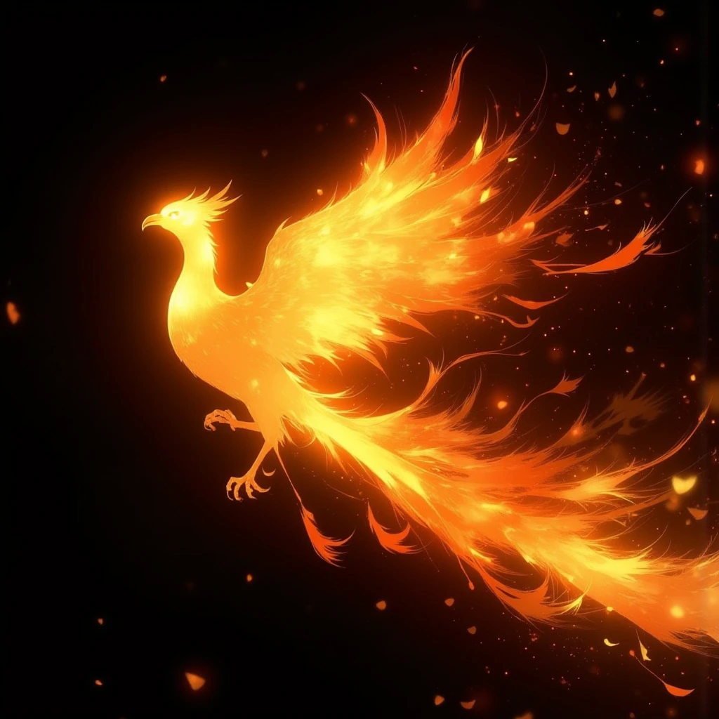 (traditonal chinnes paiting), A cinematic and realistic photo of a fiery phoenix flying through the darkness, its body engulfed in flames. The phoenix is in mid-flight, with its wings fully extended and flames trailing dynamically behind it. The fire is caught by the wind, creating a dramatic, swirling motion with embers scattering in the air. Motion blur emphasizes the speed and intensity of the phoenix's flight, while the dark background highlights the bright, glowing flames. The phoenix's tail feathers are ablaze, leaving a long trail of fire as it soars through the night sky, full of energy and power."