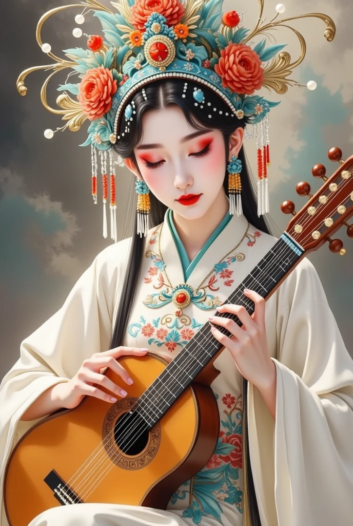 chinese woman wearing ancient chinese costume, playing guzeng, radiant skin, dynamic pose, intricate composition with chinese dragon ornament, fantasy art style, masterpiece