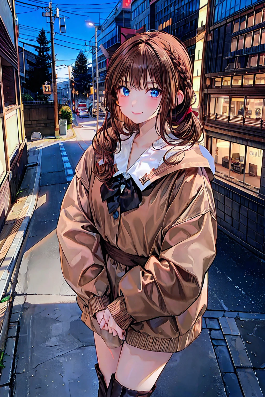    brown hair，   shortcuts，   messy hair   ，   Short Braided Hair   ，Neat，   slender beauty，Dignified posture，   small breasts，     Beautiful Legs with Tails    ，  her   charming gray-blue eyes shine like stars   ，   vibrant colors,      beautiful eyes   ,繊細なsmile,textured skin,   best quality ,      a parody of a gentle and beautiful woman     , Anime Style､Irohaisshiki,   Isshiki Iroha ,    long hair,    Short Braided Hair   ,    hair bleeding from the vagina   ,   brown hair, (   Brown Eyes   :1.5), smile,   muffler   ,   Long Coat   ,   sweater,   long black skirt   ,   black tights,   Short Boots   ,morning日,morning,Campus Life,On the way to school in winter,Cold Sky,that&#39;that&#39;thatは雪が降っています ,
 Going outdoors    , Around town, Destroy a city of buildings ,   viewers ,   charming gray-blue eyes shine like stars   {x}
 will break  (    Masterpiece  :1.2),    best quality,   high definition   ,    Unity 8K Wallpaper , (shape:0.8), (美しくて      beautiful eyes   :1.6),       has a very detailed face    ,    perfect lighting,    Highly Detailed CG, (      perfect hand,       perfect anatomy     ),