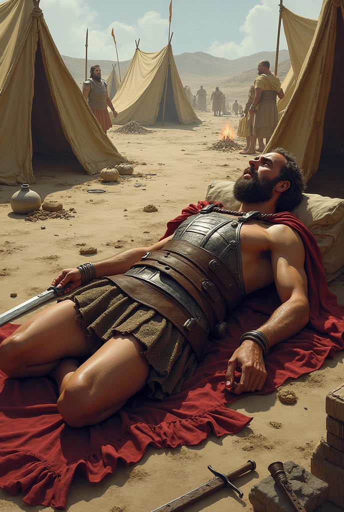 There's a man lying in a hole, with a lot of people behind him, realistic image of the first century d.C, foto ultrarrealista