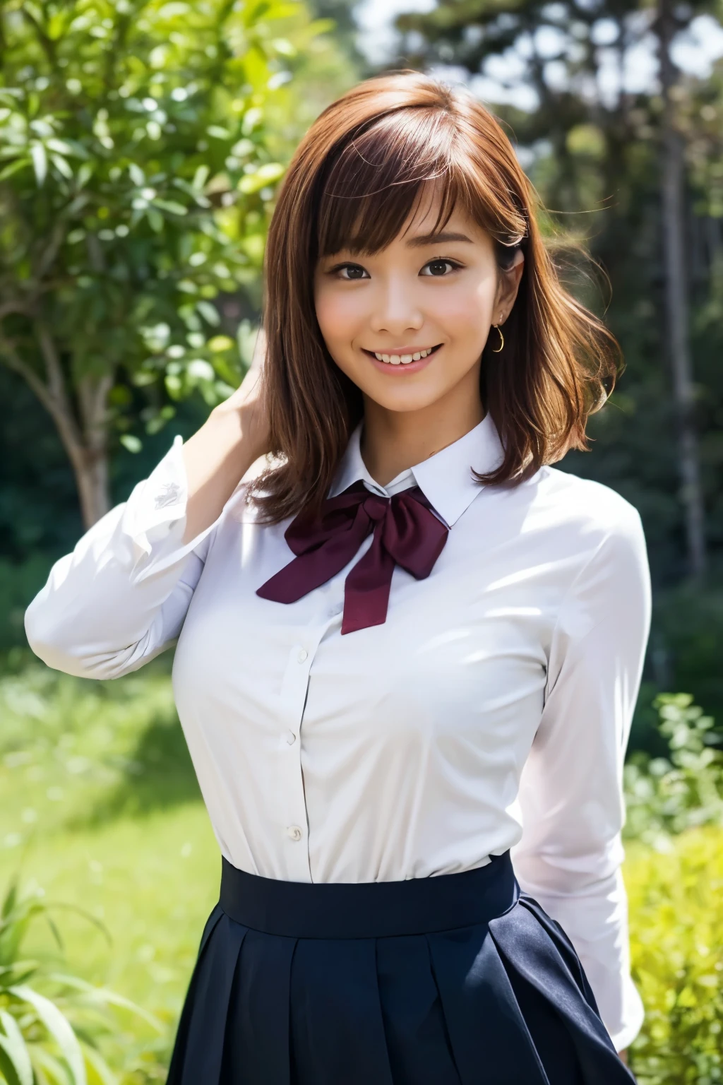 (   best quality,   Masterpiece , Realistic,   super detailed,     ultra high resolution with forest background, Born:1.3),     1 girl, , Japanese, smile, bangs, (   wind, wind blowing skirt,), (   school uniform,      Mini Skirt,  I'm not wearing pants ,  shows off her beautiful pussy), High school years,     Software    , Big Breasts, Unbuttoned Cleveland  ,nsfw,  、Natural pubic hair