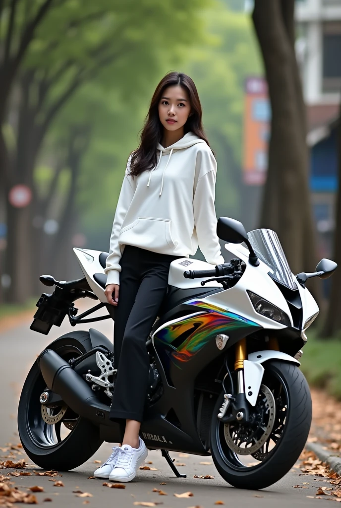 smile、Elegant adult woman、Medium long bob hair、White T-shirt and pink long-sleeved long-pants racing leather suit、the way、Riding a motorcycle
