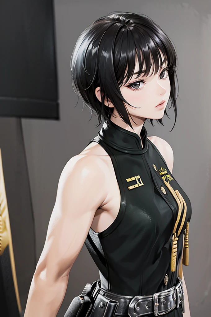 there is a picture of a male with female type hair like hair, solo, 1girl, black hair, looking at viewer, upper body, short hair, sleeveless, bare shoulders, from side