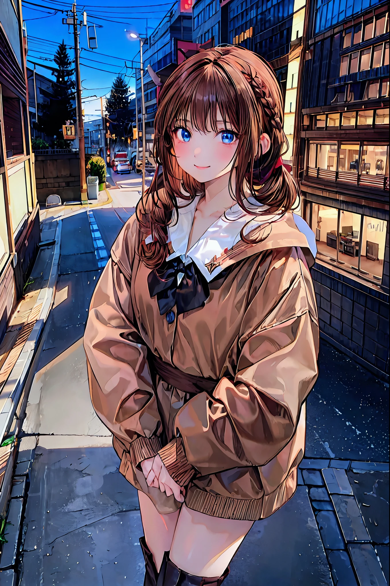    brown hair，   shortcuts，   messy hair   ，   Short Braided Hair   ，Neat，   slender beauty，Dignified posture，   small breasts，     Beautiful Legs with Tails    ，  her   charming gray-blue eyes shine like stars   ，   vibrant colors,      beautiful eyes   ,繊細なsmile,textured skin,   best quality ,      a parody of a gentle and beautiful woman     , Anime Style､Irohaisshiki,   Isshiki Iroha ,    long hair,    Short Braided Hair   ,    hair bleeding from the vagina   ,   brown hair, (   Brown Eyes   :1.5), smile,   muffler   ,   Long Coat   ,   sweater,   long black skirt   ,   black tights,   Short Boots   ,morning日,morning,Campus Life,On the way to school in winter,Cold Sky,that&#39;that&#39;thatは雪が降っています ,
 Going outdoors    , Around town, Destroy a city of buildings ,   viewers ,   charming gray-blue eyes shine like stars   {x}
 will break  (    Masterpiece  :1.2),    best quality,   high definition   ,    Unity 8K Wallpaper , (shape:0.8), (美しくて      beautiful eyes   :1.6),       has a very detailed face    ,    perfect lighting,    Highly Detailed CG, (      perfect hand,       perfect anatomy     ),