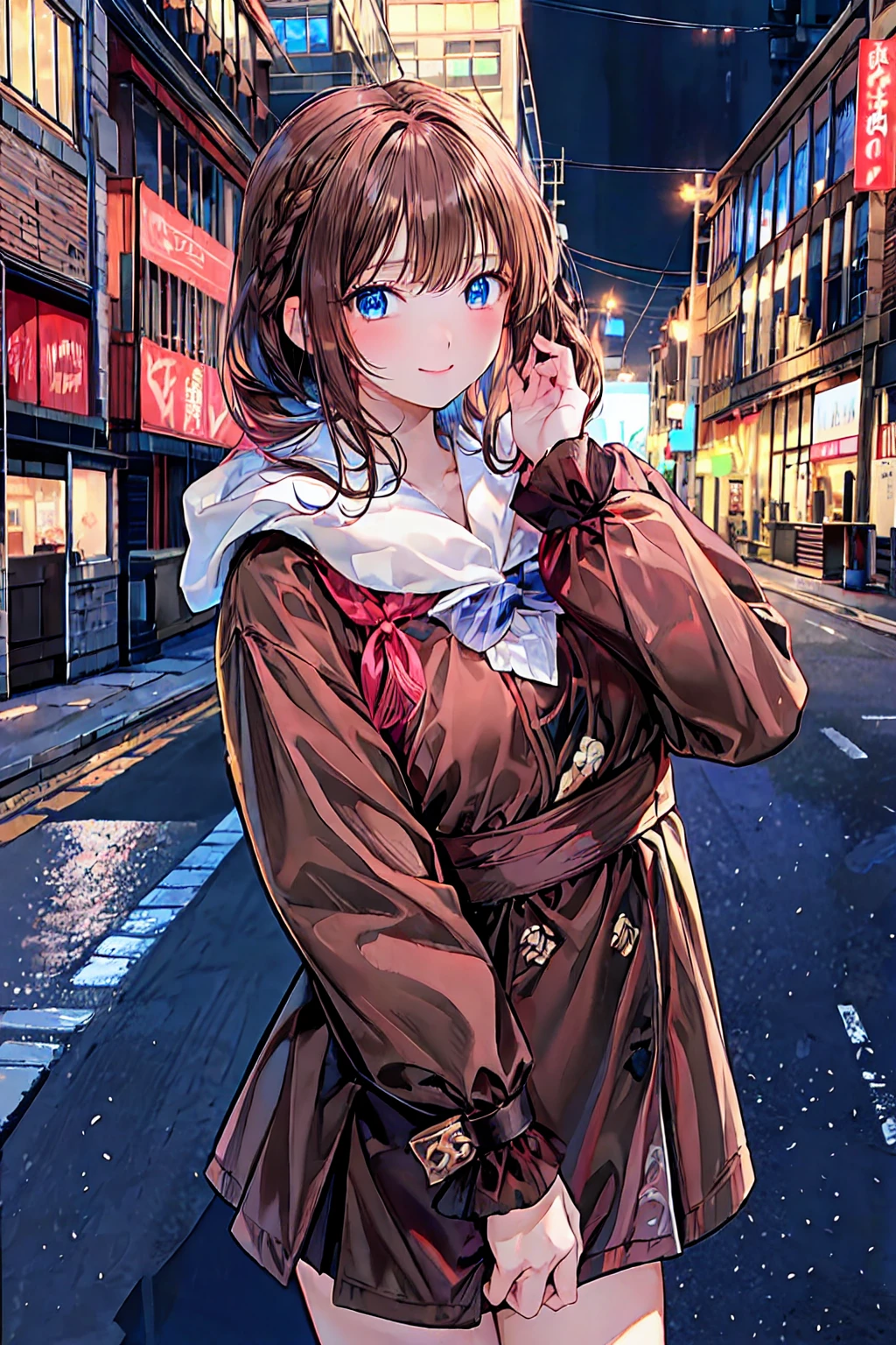    brown hair，   shortcuts，   messy hair   ，   Short Braided Hair   ，Neat，   slender beauty，Dignified posture，   small breasts，((From below:1.2)), ，  her   charming gray-blue eyes shine like stars   ，   vibrant colors,      beautiful eyes   ,繊細なsmile,textured skin,   best quality ,      a parody of a gentle and beautiful woman     , Anime Style､Irohaisshiki,   Isshiki Iroha ,    long hair,    Short Braided Hair   ,    hair bleeding from the vagina   ,   brown hair, (   Brown Eyes   :1.5), smile,   muffler   ,   Long Coat   ,   sweater,   long black skirt   ,   black tights,   Short Boots   ,morning日,morning,Campus Life,On the way to school in winter,Cold Sky,that&#39;that&#39;thatは雪が降っています ,
 Going outdoors    , Around town, Destroy a city of buildings ,   viewers ,   charming gray-blue eyes shine like stars   {x}
 will break  (    Masterpiece  :1.2),    best quality,   high definition   ,    Unity 8K Wallpaper , (shape:0.8), (美しくて      beautiful eyes   :1.6),       has a very detailed face    ,    perfect lighting,    Highly Detailed CG, (      perfect hand,       perfect anatomy     ),