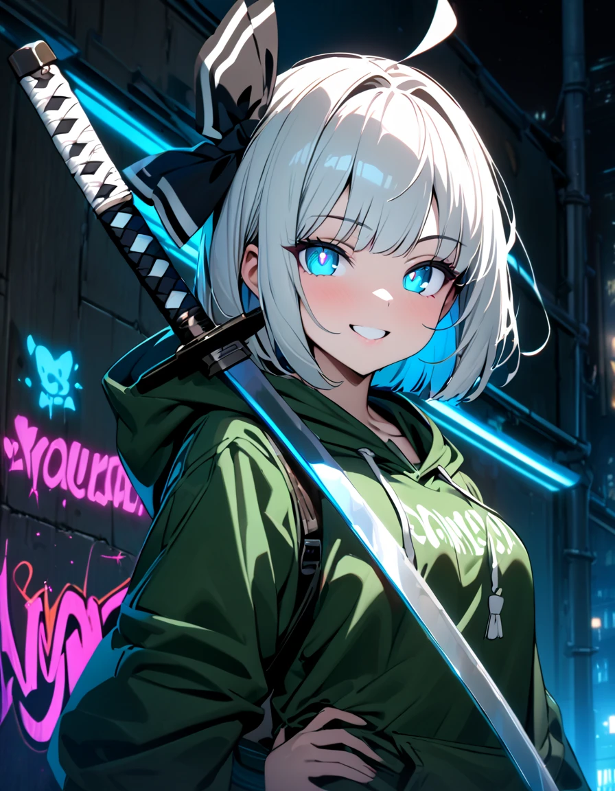 masterpiece,  best quality, 8k, detailed background, masterpiece,  best quality, smile,  small hips ,  hoodies , Portraiture, Neon Blue, graffiti, dark, night, Shining Eyes,  black light,Konpaku Youmu,Japanese Sword Sword Sword Sword,beautiful blade 